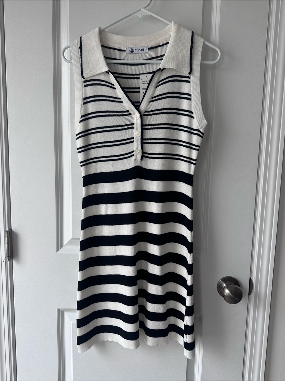 Cupshe White and Navy Striped Sleeveless Polo Dress